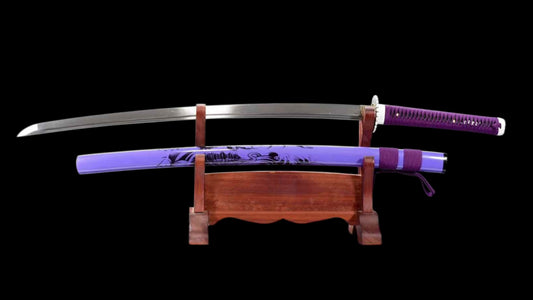 Purple Shadow Katana, Full Tang Construction, Forged Damascus Steel Blade, Sharp Edge, Lacquer Painted Solid Wood Scabbard, Collectible Decorative Japanese Sword