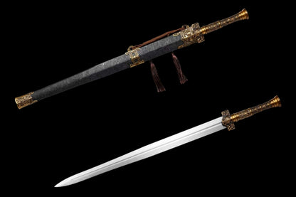 Full Tang Ancient Chu Sword Replica, Sharp Cutting Edge, High‑Manganese Steel Blade, Alloy Fittings, Wood Artificial Leather Scabbard Historical Collectible Sword