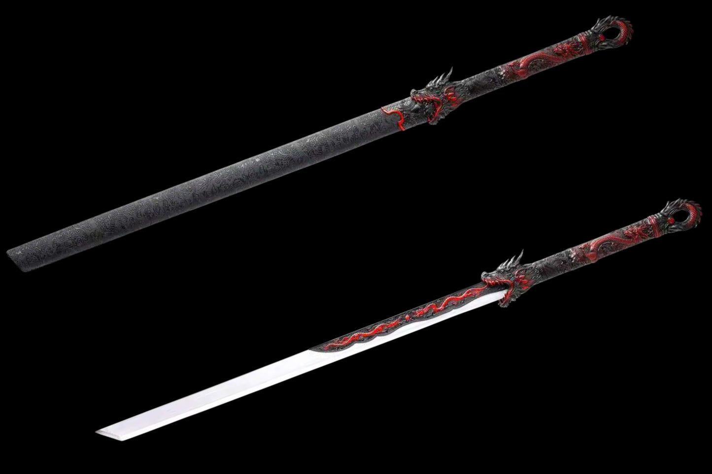 Full Tang Dragon Themed Straight Sword Replica, Sharp Cutting Edge, High‑Manganese Steel Blade, One‑Piece Alloy Handle, Wood Artificial Leather Scabbard Historical Collectible Sword