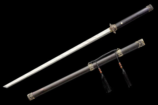 Full Tang Dao Replica, Sharpened Blade, Twist Pattern Damascus Steel Forged, Dragon‑Phoenix Sandalwood Scabbard & Handle, Brass Fittings Collectible Sword