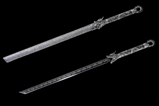 Full Tang Straight Sword Replica, High‑Manganese Steel Blade, One‑Piece Alloy Handle, Wood Artificial Leather Scabbard Historical Collectible Sword