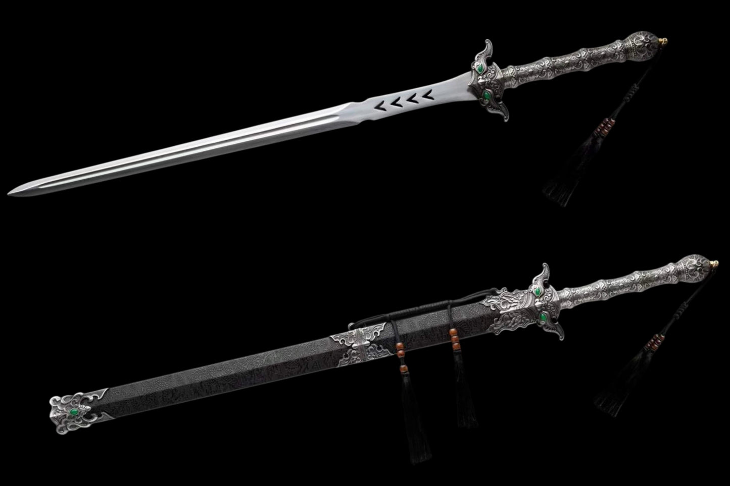 Heaven‑Sword Replica Sword, Full Tang High‑Manganese Steel Sharp Blade, Integrated Alloy Metal Handle, Wood Scabbard With Faux‑Leather Wrapping, Historical Decorative Replica