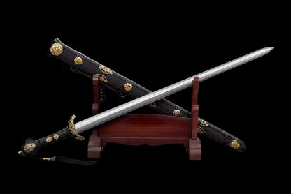 Golden Lion Chinese Jian, Full Tang Construction, Sharp Blade, Hand-Forged Damascus Steel Blade, Alloy Gold-Plated Fittings, Wooden Scabbard Wrapped With Artificial Leather, Collectible Historical Chinese Sword
