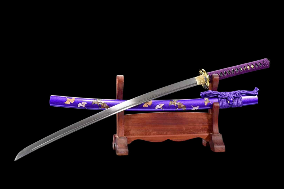 Purple Ginkgo Katana, Full Tang Construction, Forged Damascus Steel Blade, Sharp Edge, Lacquer Painted Solid Wood Scabbard, Collectible Decorative Japanese Sword
