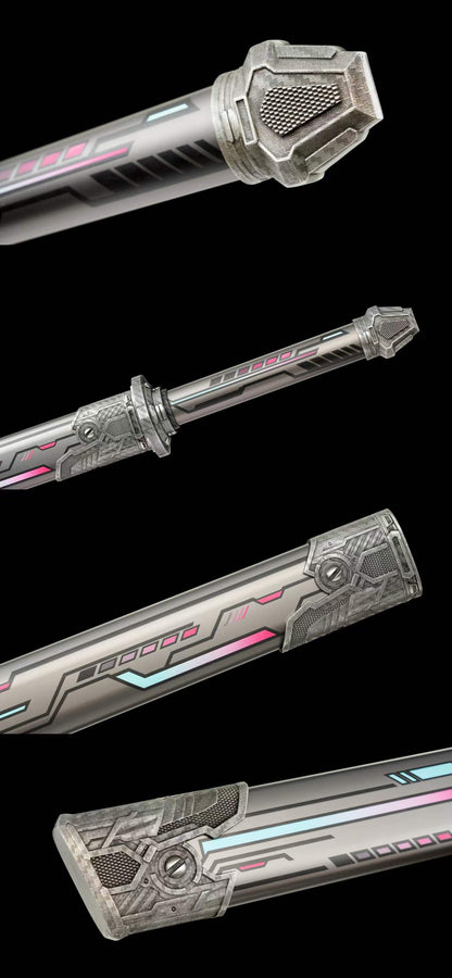 High Manganese Steel Gunmetal Cyberpunk Tactical Blade with Sharp Blade, Alloy Fittings Aluminum Scabbard Sci-Fi Collectible Ornament
