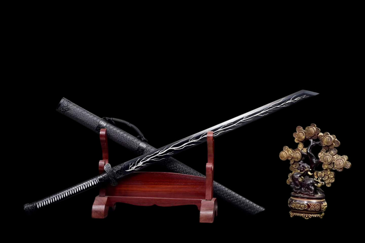 Thunder Tribulation Blade, Full Tang Construction, Forged High Manganese Steel, Sharp Edge, Alloy Fittings, Cord Wrapped Solid Wood Handle, Artificial Leather Wrapped Solid Wood Scabbard, Collectible Decorative Sword