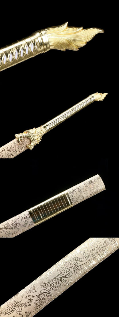 Wolf‑Head Sword, Damascus Steel Forged Blade, Alloy Fittings, Solid Wood Scabbard Wrapped with Dragon‑Pattern Artificial Leather, Collectible Display Sword