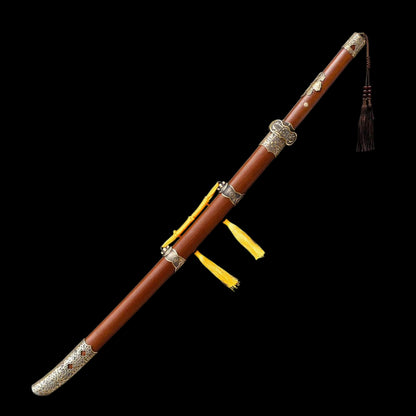 Full Tang Ding Baiying Chinese Sword, Forged Damascus Steel Sharp Blade, Brass Engraved Fittings, Dragon Phoenix Sandalwood Scabbard, Collectible Wuxia Sword