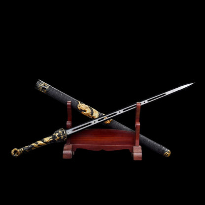 Cang‑Lan Dragon Sky Sword, High‑Manganese Steel Hollow Groove Blade, Full Tang Metal Hilt, Wood Artificial Leather Scabbard Collectible Chinese Sword