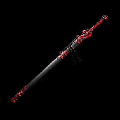 Blazing Dragon Soul Sword, One‑Piece Metal Handle, **Full Tang Construction, Sharp Blade**, Forged High‑Manganese Steel Blade, Red Alloy Dragon Fittings, Solid Wood Scabbard Wrapped in Artificial Leather, Chinese Fantasy Collectible Sword