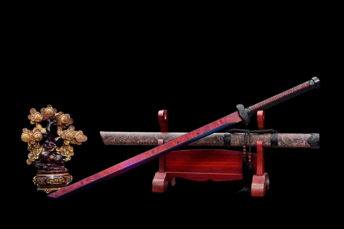 Thunder Tribulation Blade, Full Tang Construction, Forged High Manganese Steel, Sharp Edge, Alloy Fittings, Cord Wrapped Solid Wood Handle, Artificial Leather Wrapped Solid Wood Scabbard, Collectible Decorative Sword