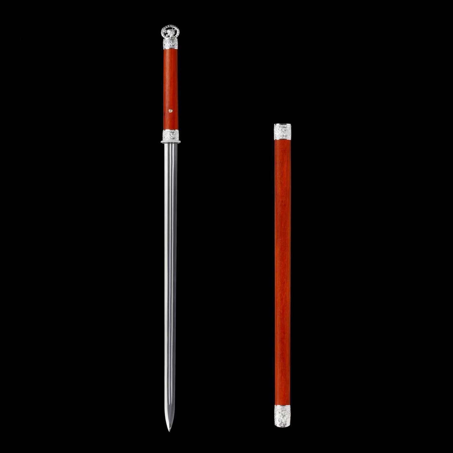 Cang‑Lin Ring‑Pommel Sword, Full Tang Construction, High‑Manganese Steel Forged Sharp Blade, Zinc Alloy Fittings, Premium Red Wood Handle And Scabbard, Collectible Display Sword