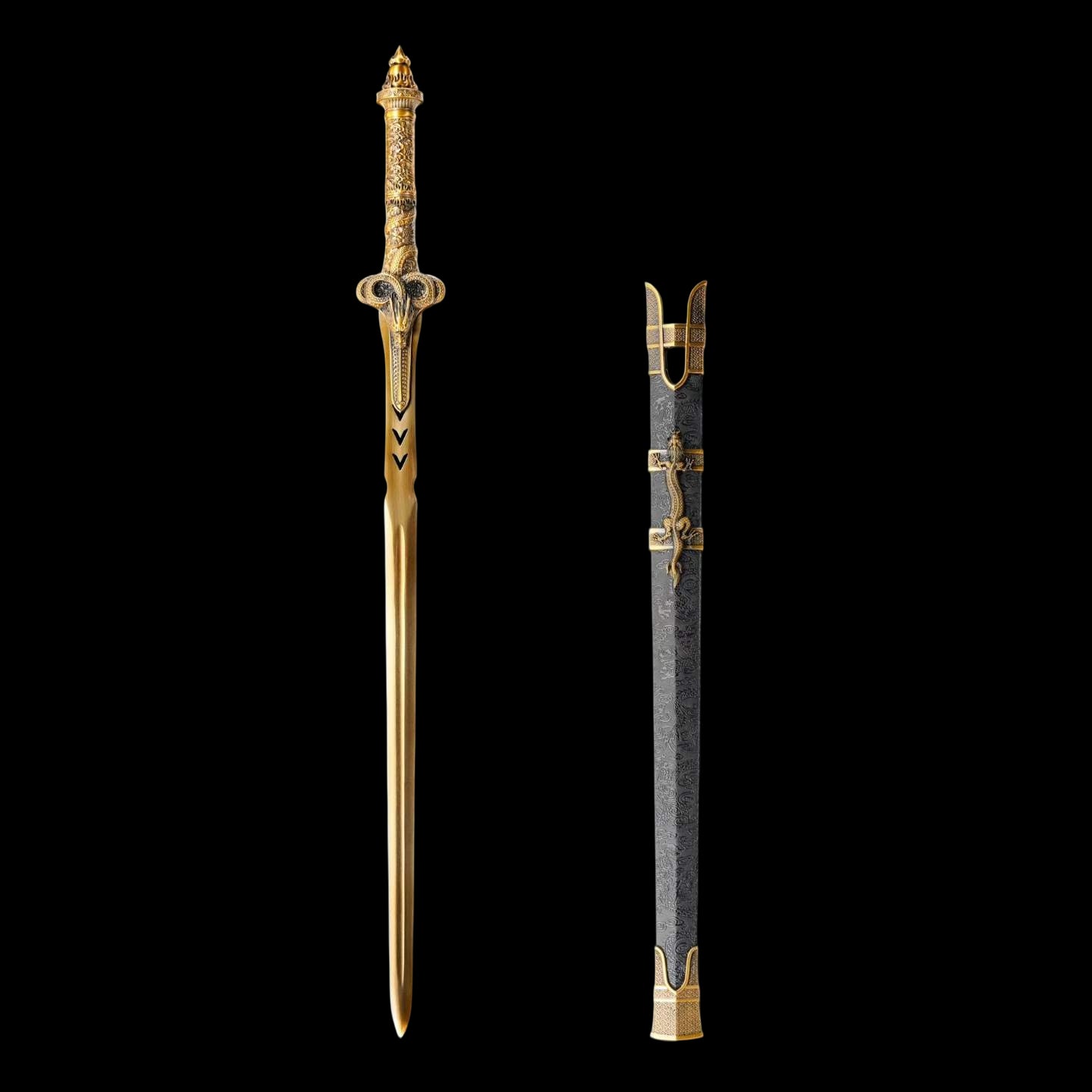 Wandering Dragon Chinese Sword, High‑Manganese Steel Blade, Integrated Alloy Dragon‑Carved Handle, Wood Scabbard Wrapped With Silk, Historical Collectible Sword