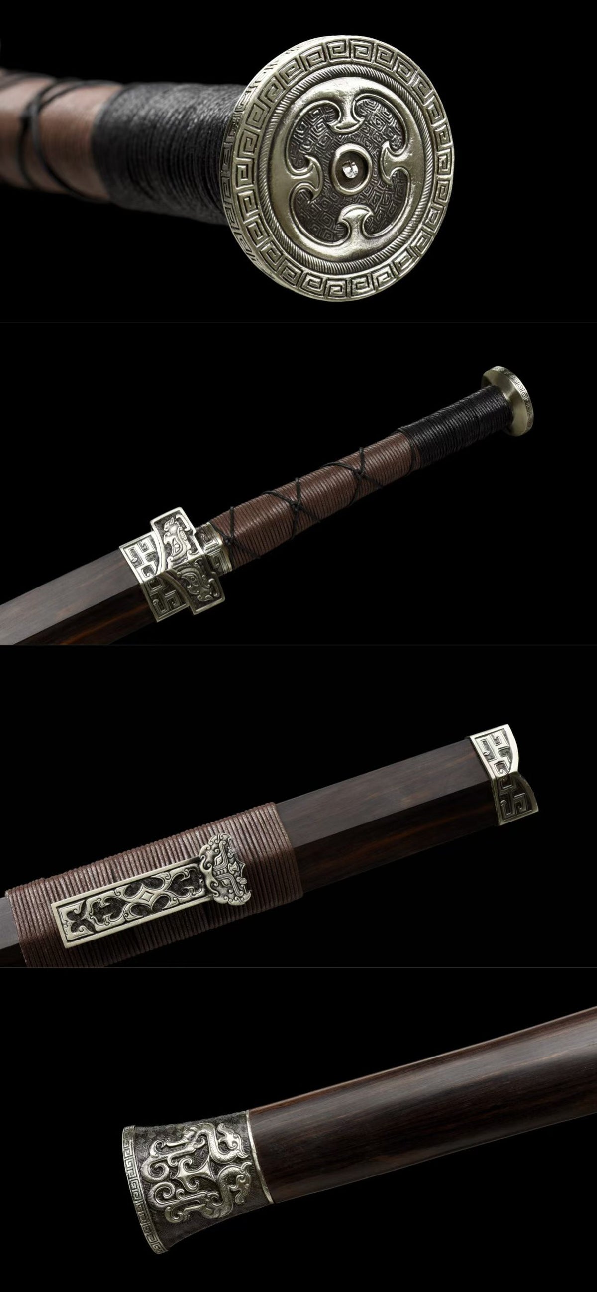 Xuan‑Lan Han Jian, Full Tang Construction, Sharp Blade, Hand‑Forged Stone‑Textured Damascus Steel, Hand‑Carved White‑Copper Fittings, Precious Ebony Wood Scabbard, Historical Collectible Chinese Sword