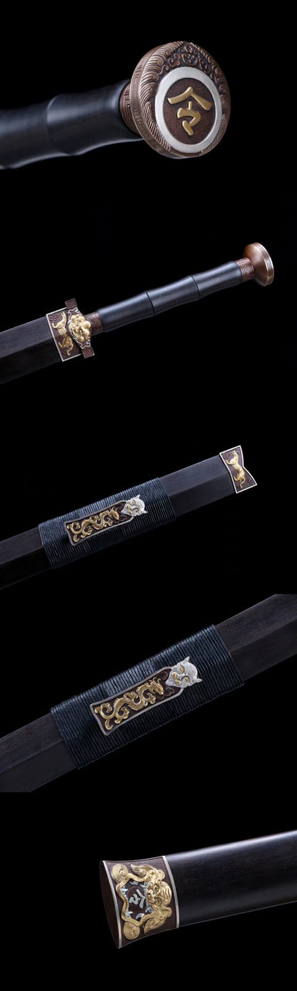 Token Sword, Full Tang, Hand Forged Damascus Steel Chinese Jian, Sharp Blade, Copper Gilt‑Silver Fittings, Ebony Wood Handle & Scabbard, Historical Collectible Sword
