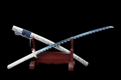Qinghe Waming Katana, Full Tang Construction, High Manganese Steel Blade, Silver Alloy Lotus & Frog Fittings, Silver Artificial Leather Wrapped Solid Wood Scabbard, Collectible Decorative Sword