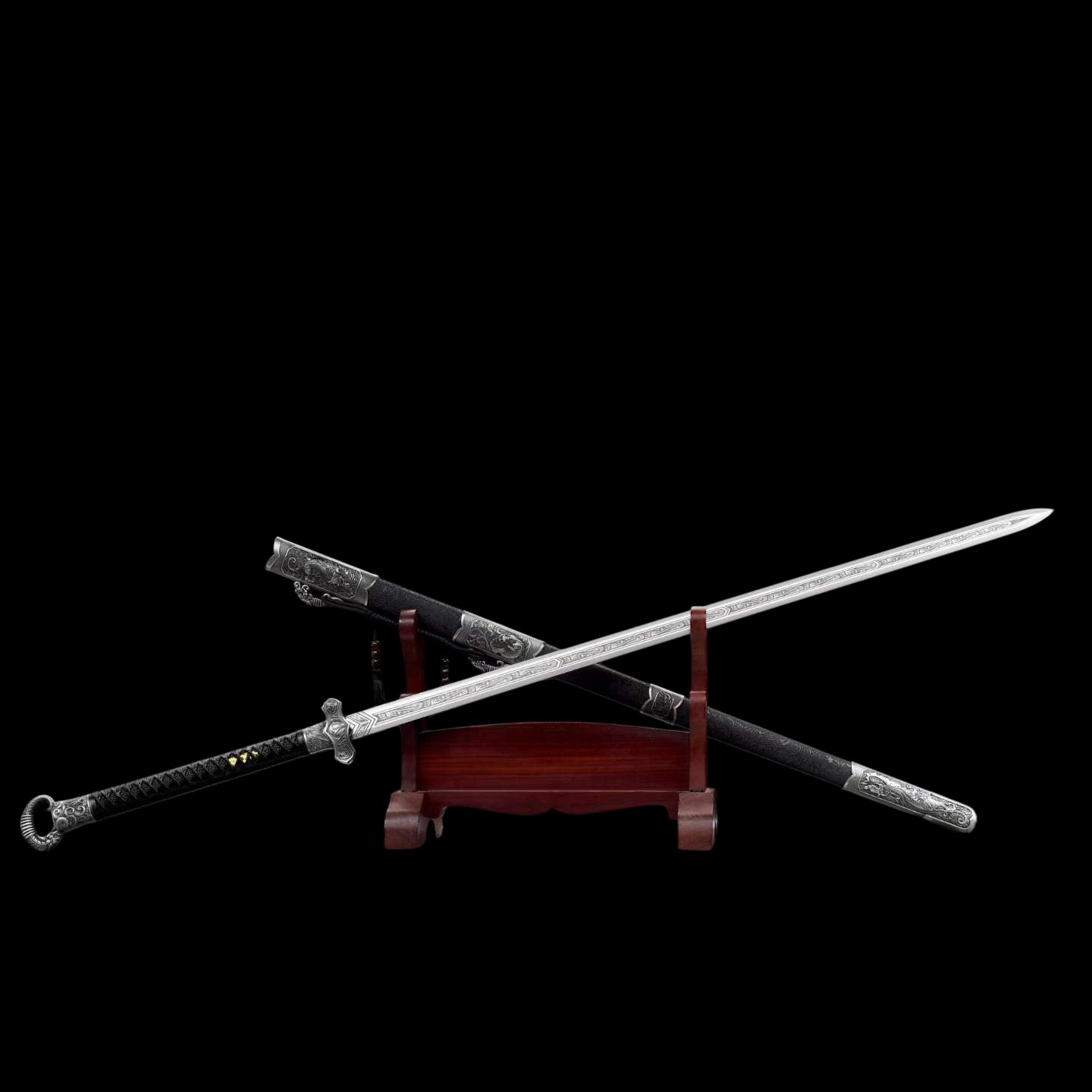 Cold‑Ruins Ring‑Pommel Two‑Handed Chinese Sword, Full Tang, Sharp Blade, High‑Manganese Steel, Alloy Fittings, Wood Handle Wrapped With Leather, Wood Artificial Leather Scabbard Collectible Sword