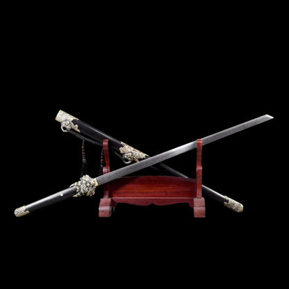 Suanni Tang Dao, Full Tang Construction, Sharp Blade, Damascus Steel Forged Blade, Premium Ebony Wood Handle And Scabbard, Historical Replica Collectible Sword