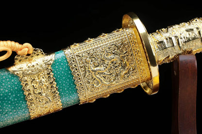 Full Tang Kirin Kangxi Imperial Saber, T10 Steel Clay Tempered Blade, Twin Fullers, Alloy Kirin Fittings, Imitation Ray Skin Wrapped Scabbard, Chinese Collectible Qing Dynasty Sword