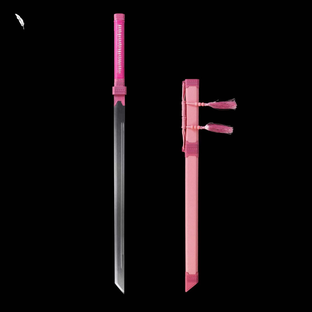 Pink Sakura Dawn Tang Dao, Full Tang, Forged High Manganese Steel, Sharp Edge, Alloy Fittings, Cord‑Wrapped Solid Wood Handle, Artificial Leather Wrapped Solid Wood Scabbard, Decorative Collectible Sword