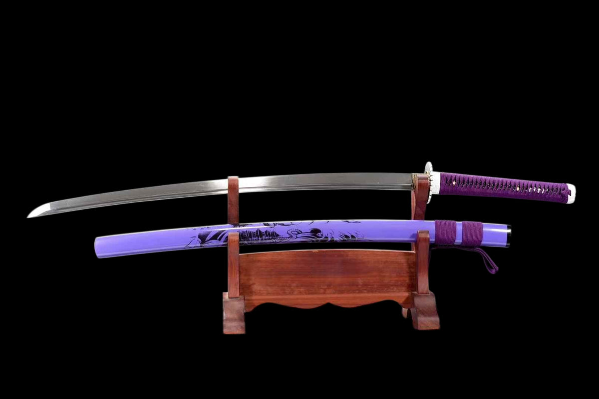 Purple Shadow Katana, Full Tang Construction, Forged Damascus Steel Blade, Sharp Edge, Lacquer Painted Solid Wood Scabbard, Collectible Decorative Japanese Sword