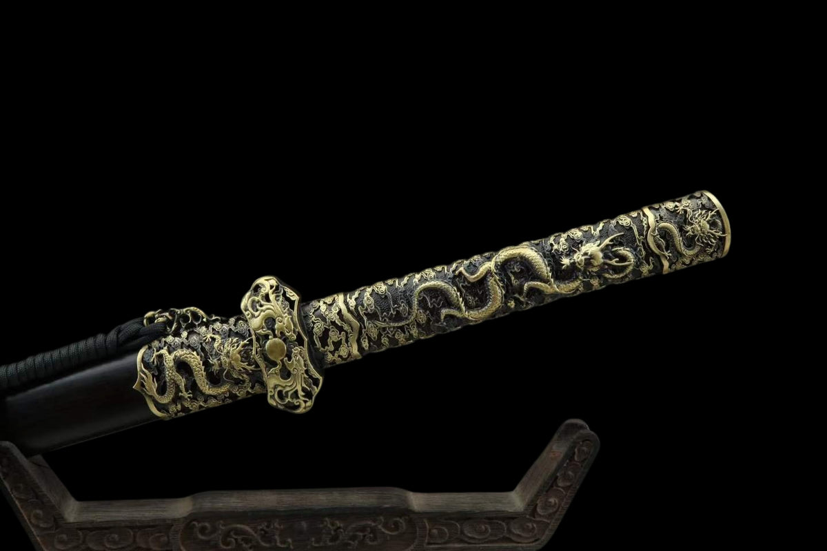 Rui Long Tang Dao, Damascus Steel Hand‑Forged Blade, Brass Intricately Carved Aged Fittings, Premium Ebony Scabbard, Full‑Tang Construction, Sharp Edge, Collectible Decorative Tang Sword