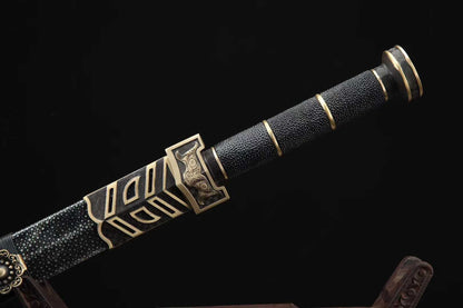 20‑Inch Black Ray‑Skin Ruyi Chinese Jian, Full Tang Construction, Sharp Blade, Hand Forged Damascus Steel Blade, Aged Solid Copper Fittings, Genuine Ray‑Skin Wrapped Scabbard, Historical Replica Collectible Sword