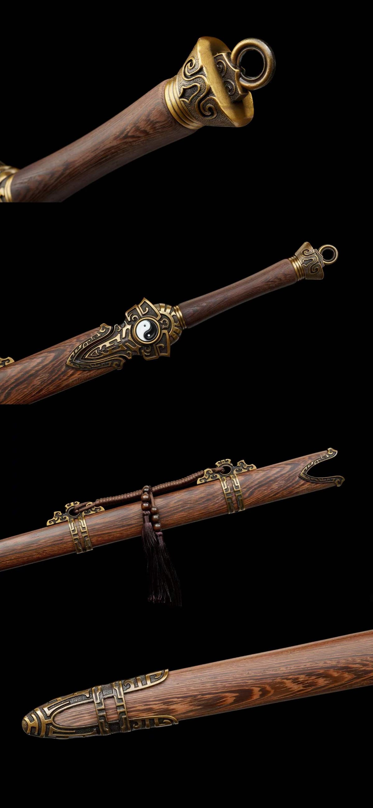 Bagua Chinese Sword, Full Tang Construction, High Manganese Steel Blade, Y-shaped Fuller, Sharp Edge, Rotatable Tai Chi Alloy Fittings, Premium Hainan Huanghuali Wood Scabbard, Collectible Decorative Chinese Sword