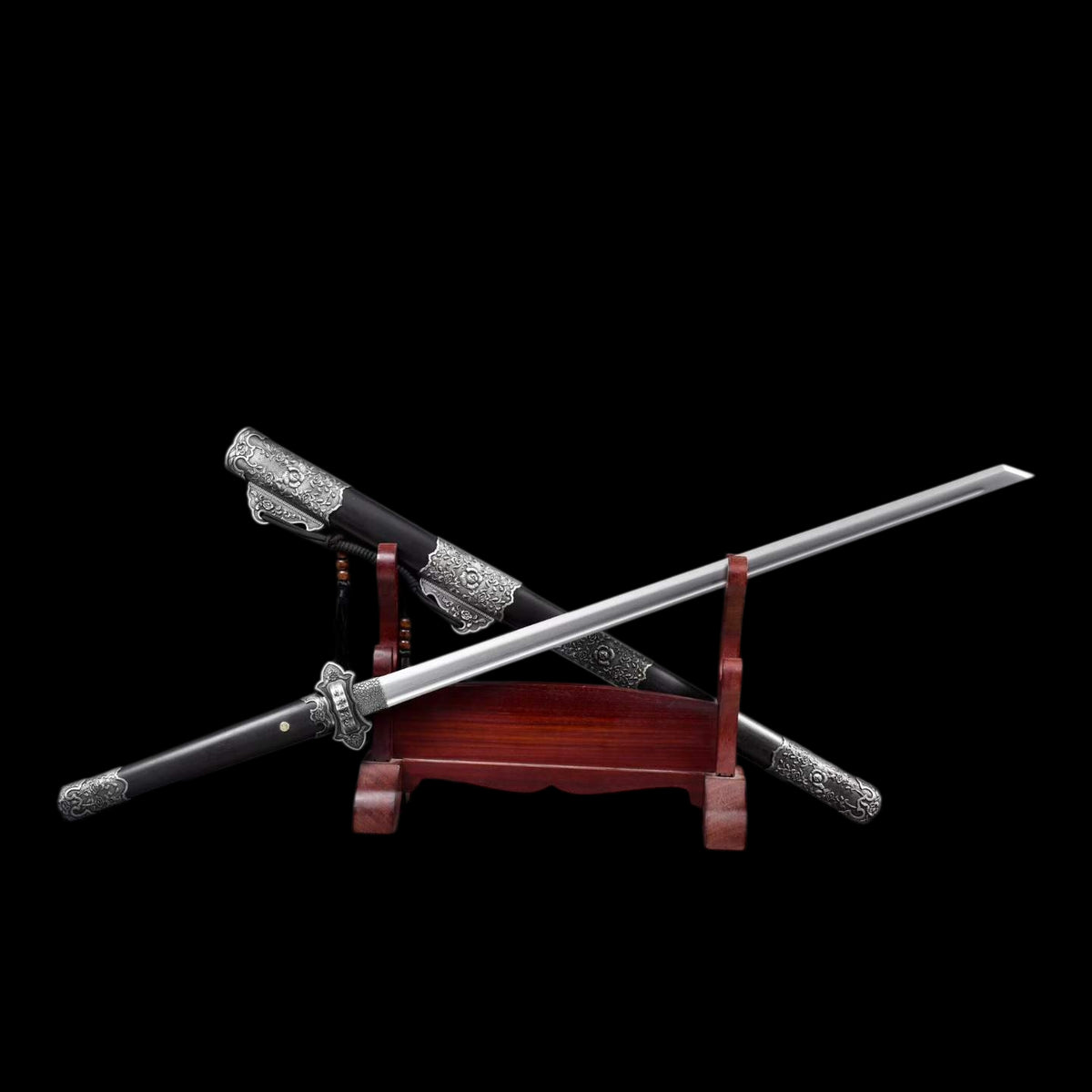 Jin‑Shuang Tang Dao, Full Tang Construction, Sharp Blade, High‑Manganese Steel Blade, Zinc‑Alloy Peony Engraved Fittings, Premium Ebony Wood Handle And Scabbard, Historical Replica Collectible Sword