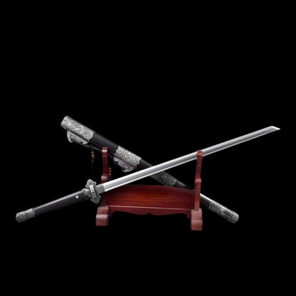 Jin‑Shuang Tang Dao, Full Tang Construction, Sharp Blade, High‑Manganese Steel Blade, Zinc‑Alloy Peony Engraved Fittings, Premium Ebony Wood Handle And Scabbard, Historical Replica Collectible Sword
