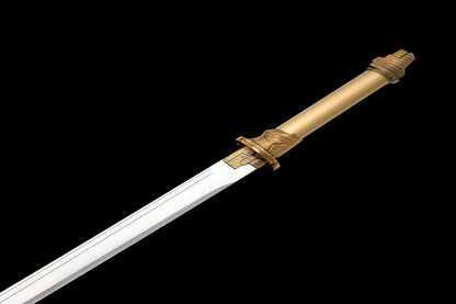 Cream Cyberpunk Tang Dao Full Tang Forged Steel Blade, Relatively Sharp Straight Sword with Imitation Bronze Tech Fittings Aluminum Alloy Scabbard for Cosplay Display Collection