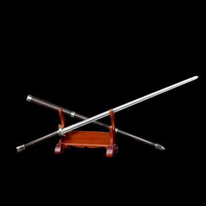 Plain‑Fitted White Copper Ingot Two‑Handed Chinese Jian, Full Tang Construction, Sharp Blade, Hand Forged Damascus Steel Blade, Premium Ebony Wood Handle And Scabbard, Historical Replica Collectible Sword