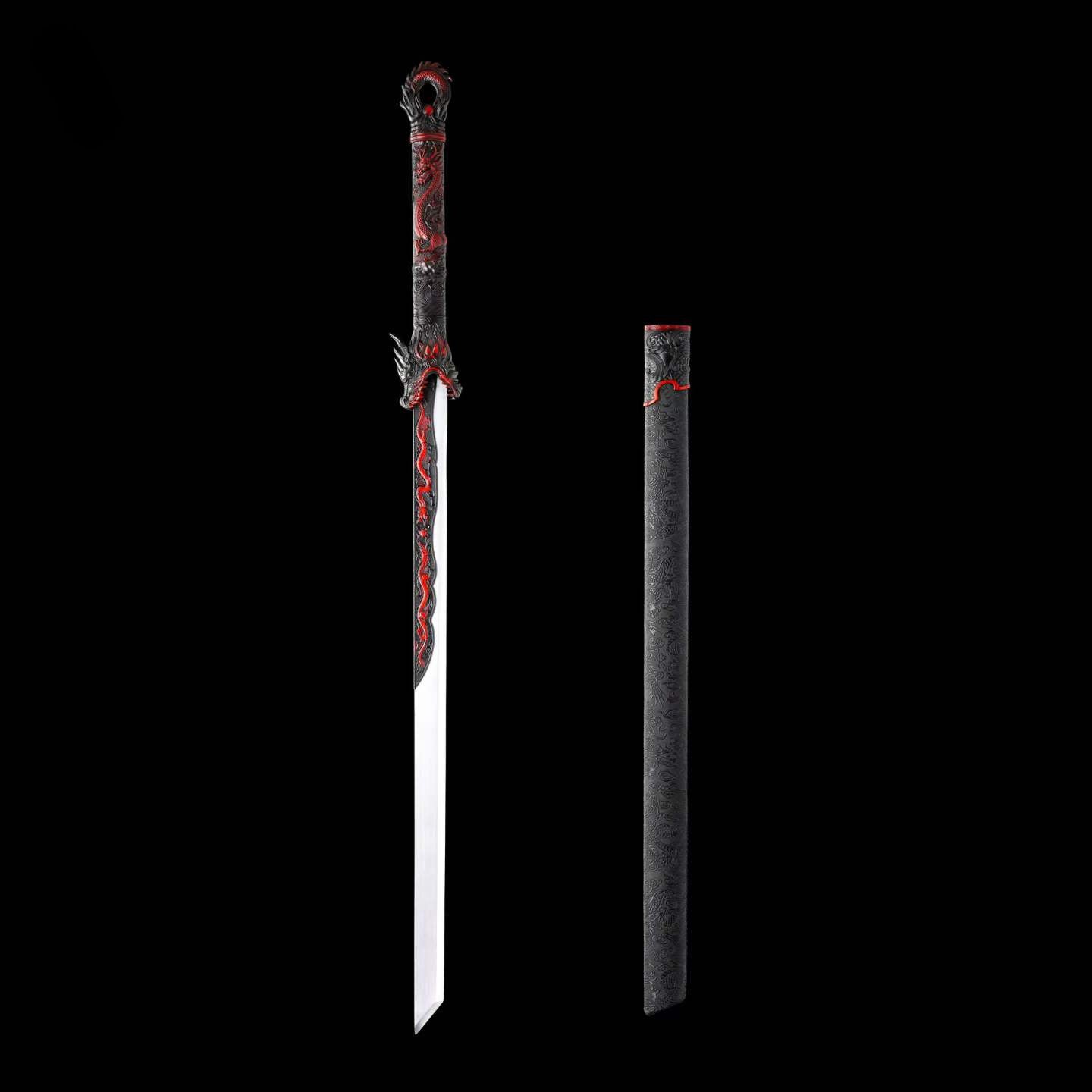 Full Tang Dragon Themed Straight Sword Replica, Sharp Cutting Edge, High‑Manganese Steel Blade, One‑Piece Alloy Handle, Wood Artificial Leather Scabbard Historical Collectible Sword