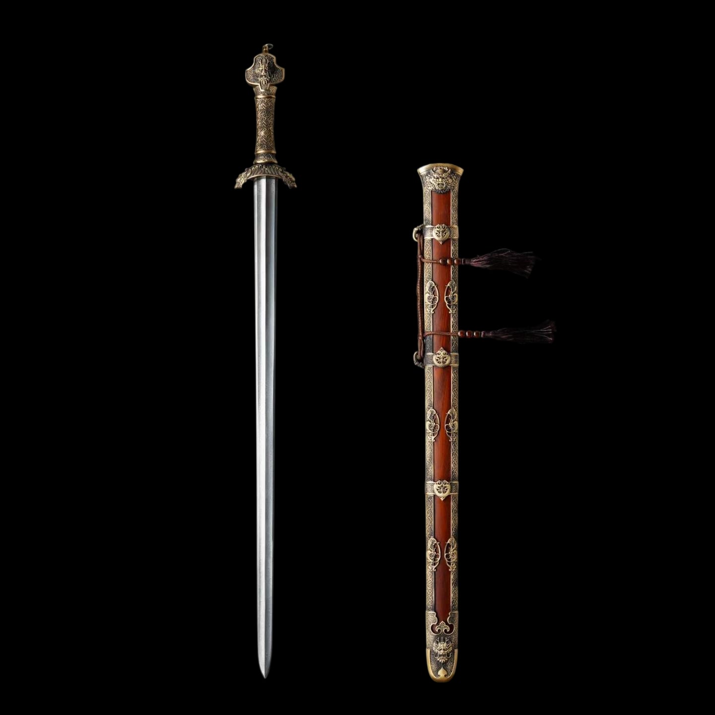 Yu‑Chen Coiled Dragon Jian, Full Tang Construction, Sharp Blade, Hand‑Forged Damascus Steel, Antique‑Finished Solid Copper Fittings, One‑Piece Copper Handle, Dragon‑Phoenix Hardwood Scabbard Wrapped With Full Copper, Historical Collectible Chinese Sword