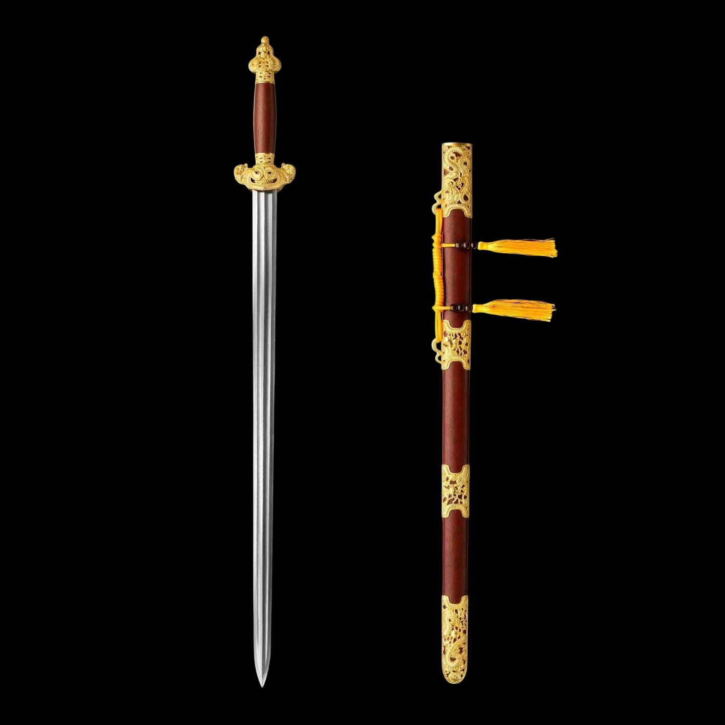 Nine‑Dragon Sword, Full Tang Hand Forged Damascus Steel Chinese Jian, Sharp Blade, Dual Fullers, Alloy Fittings With Gold‑Toned Open‑Work Dragon Ornaments, Dragon‑Phoenix Sandalwood Handle & Scabbard, Historical Collectible Sword