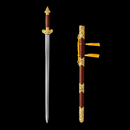 Nine‑Dragon Sword, Full Tang Hand Forged Damascus Steel Chinese Jian, Sharp Blade, Dual Fullers, Alloy Fittings With Gold‑Toned Open‑Work Dragon Ornaments, Dragon‑Phoenix Sandalwood Handle & Scabbard, Historical Collectible Sword