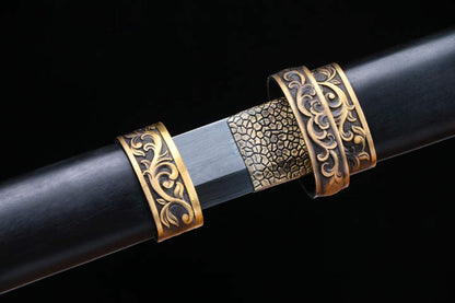 Dark Ink Tang Straight Sword, Full Tang Construction, Sharp Blade, Forged Damascus Steel, Pure Copper Fittings, Premium Ebony Handle & Scabbard, Historical Chinese Collectible Sword