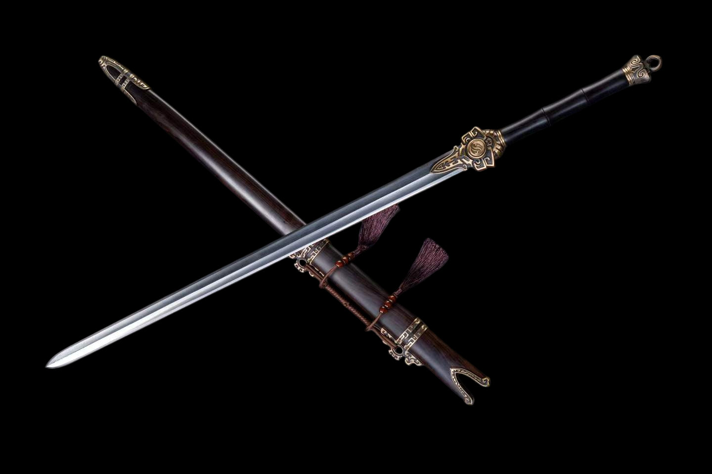 Xuan Heng Sword, Forged Damascus Steel Blade, Pure Copper Fittings, Premium Ebony Wood Handle and Scabbard, Chinese Mythical Taoist Collectible Sword