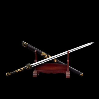 Dragon Theme Chinese Sword, High Manganese Steel Forged, Full Tang, Sharp Blade, Mirror Polished Convex Blade, Ebony Scabbard Collectible Decorative Sword