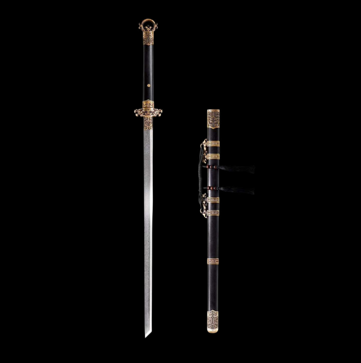 Taotao Ring Pommel Tang Dao, Full Tang Construction, Forged Damascus Steel Blade, Sharp Edge, Brass Taotao Carved Fittings, Premium Dragon Phoenix Rosewood Scabbard & Handle, Collectible Decorative Chinese Sword