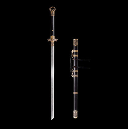 Taotao Ring Pommel Tang Dao, Full Tang Construction, Forged Damascus Steel Blade, Sharp Edge, Brass Taotao Carved Fittings, Premium Dragon Phoenix Rosewood Scabbard & Handle, Collectible Decorative Chinese Sword