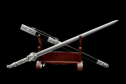 Cang‑Lan Dragon Sovereign Jian, Full Tang Construction, Sharp Blade, High Manganese Steel Octahedral Blade, Alloy Dragon‑Wave Fittings, Premium Ebony Wood Scabbard, Historical Collectible Chinese Sword