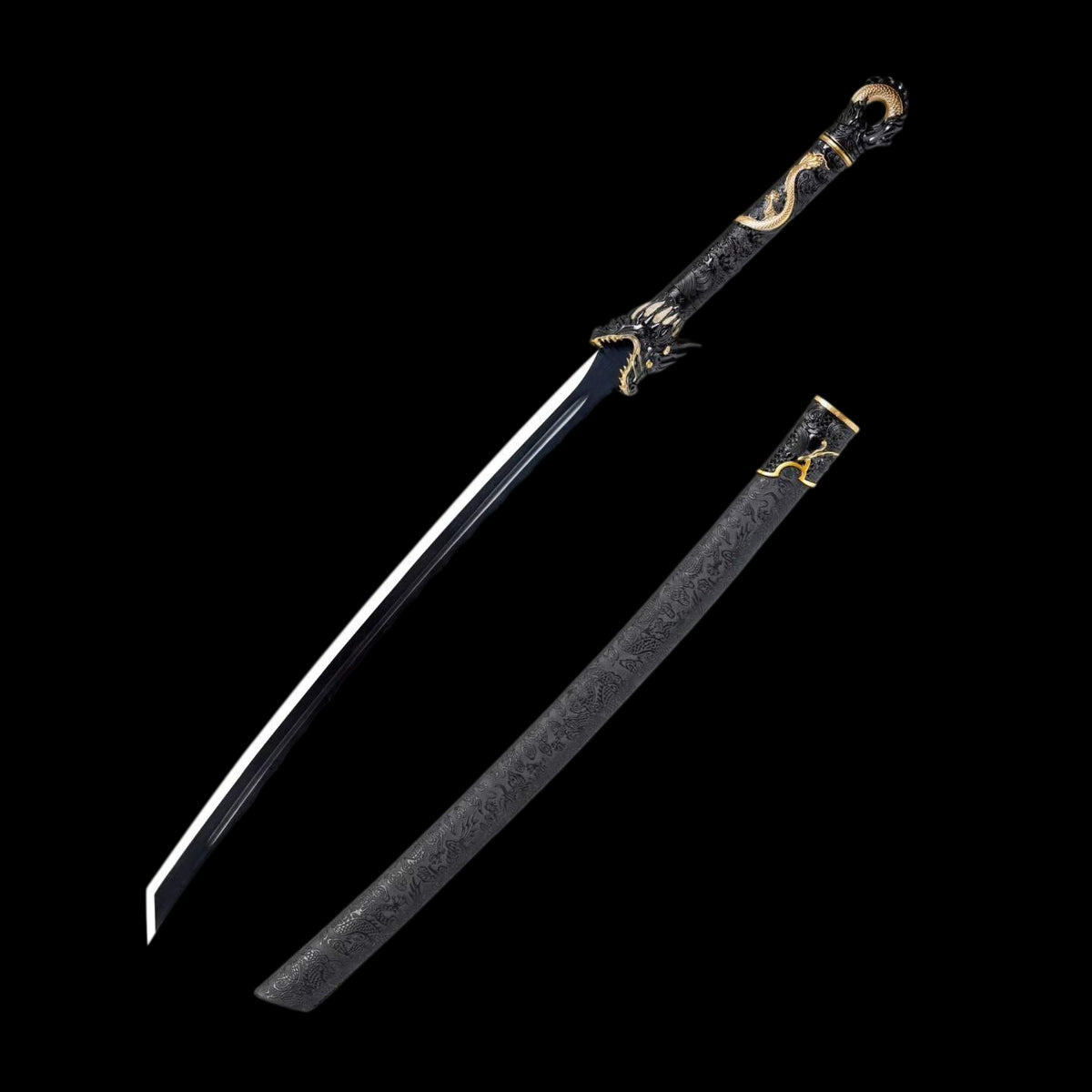 Black Dragon Battle Dao, Full Tang Construction, High Manganese Steel Blade, Alloy Fittings, Artificial Leather Wrapped Solid Wood Scabbard, Collectible Decorative Chinese Sword