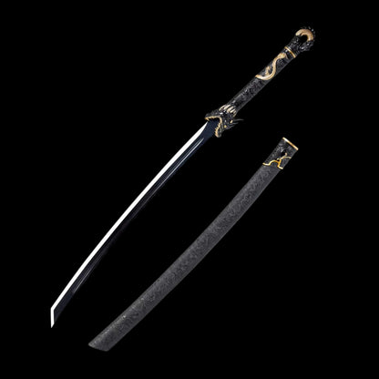 Black Dragon Battle Dao, Full Tang Construction, High Manganese Steel Blade, Alloy Fittings, Artificial Leather Wrapped Solid Wood Scabbard, Collectible Decorative Chinese Sword