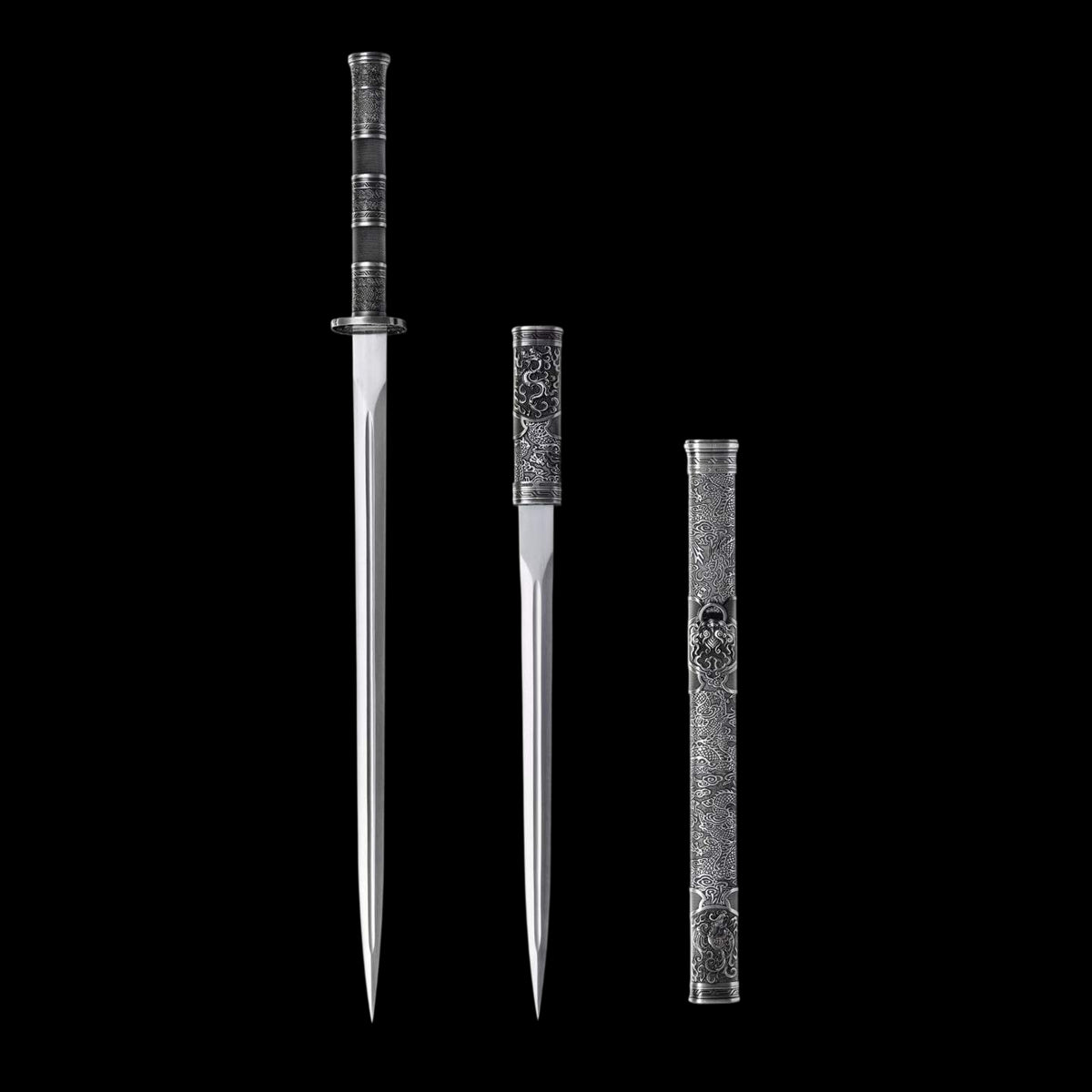 Full Tang Twin Dragon Mother & Son Sword Set, High Manganese Steel Chinese Double Sword, Sharp Blade, Antique Silver Carved Fittings, Decorative Collectible Sword