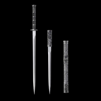 Full Tang Twin Dragon Mother & Son Sword Set, High Manganese Steel Chinese Double Sword, Sharp Blade, Antique Silver Carved Fittings, Decorative Collectible Sword