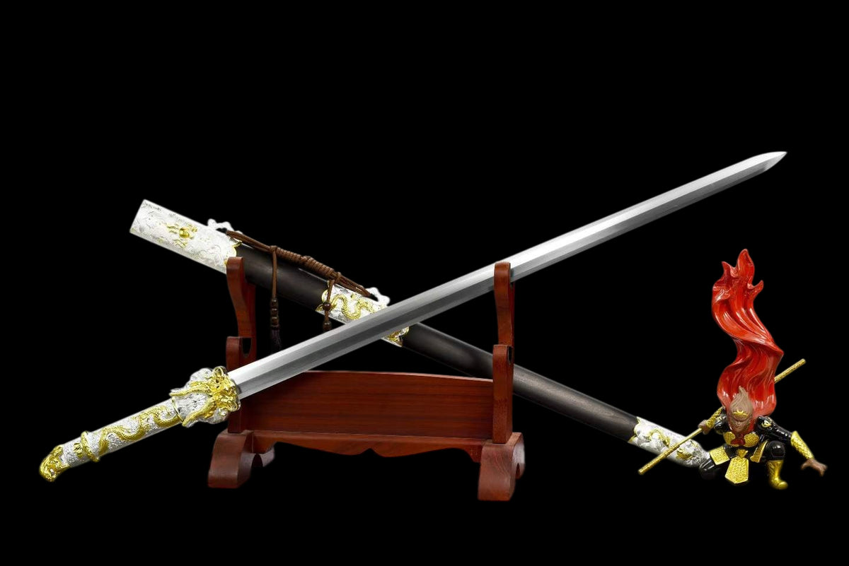 Golden Dragon Koi Chinese Jian, Full Tang Construction, High Manganese Steel Blade, Sharp Edge, Alloy Fittings, Premium Ebony Scabbard, Collectible Decorative Chinese Sword