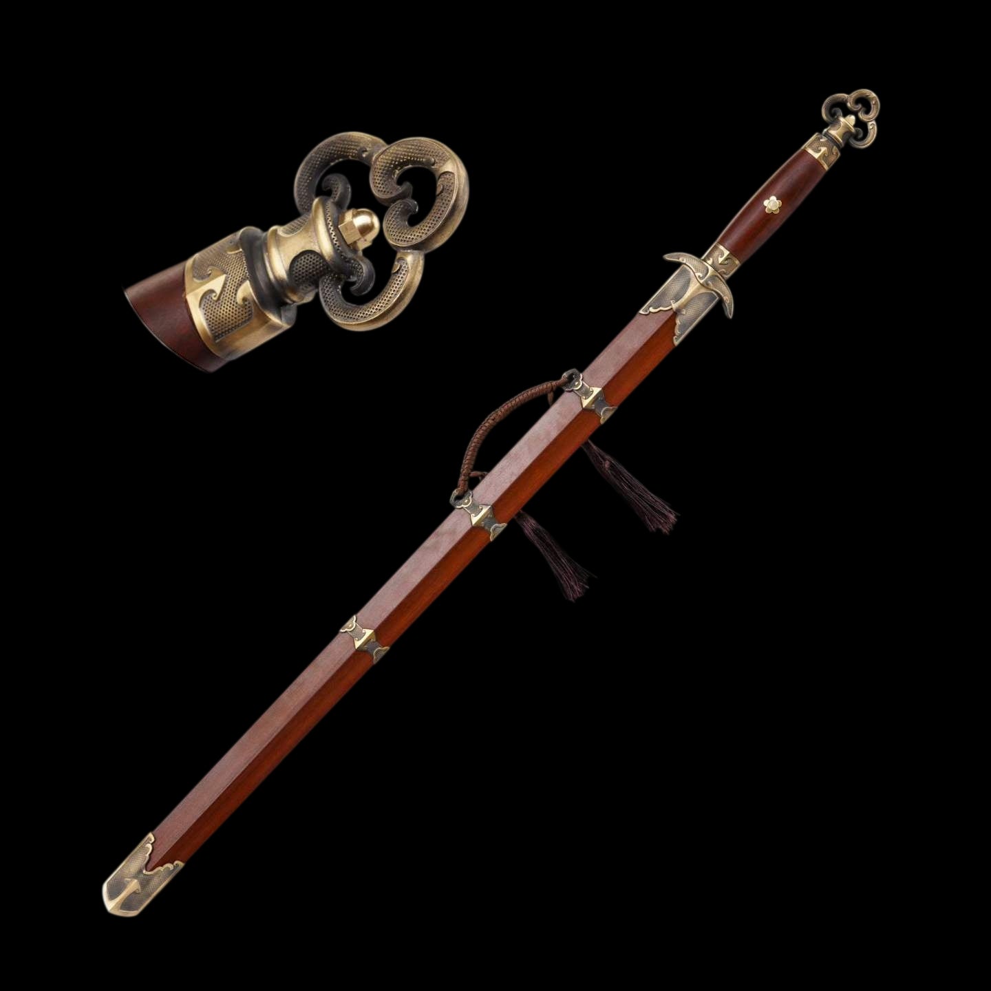 Hanchuan Song Dynasty Chinese Sword, Full Tang Construction, Sharp Blade, Eight‑Sided Forged Damascus Steel, Antique Bronze Cloud‑Pattern Fittings, Premium Dragon‑Phoenix Hardwood Handle And Scabbard, Historical Collectible Sword