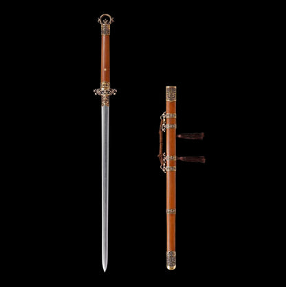 Autumn-Water Tang Sword, Full Tang Construction, Sharp Blade, Forged Damascus Steel, Brass Fittings, Premium Dragon-Phoenix Hardwood Handle And Scabbard, Ancient Chinese Heroic Replica Sword