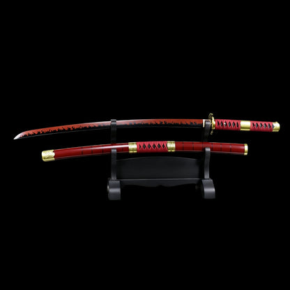 One Piece Zoro Sandai Kitetsu Katana, Full Tang Forged 5160 Spring Steel Sharp Blade Red Flame Pattern Blade, Solid Wood Scabbard Anime Replica Sword for Collection Cosplay Display